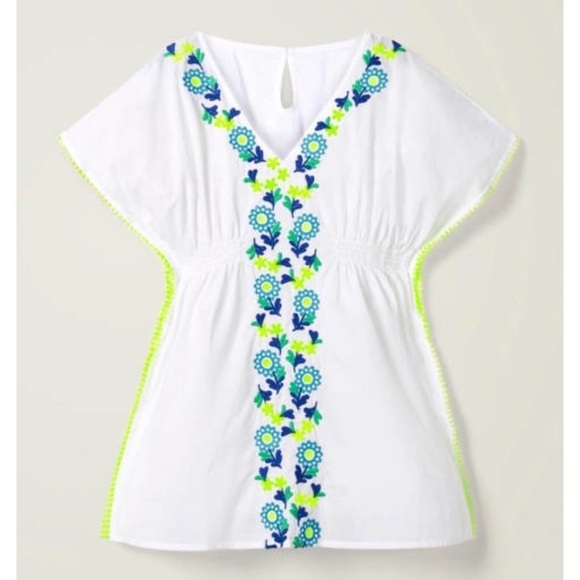 BODEN Girls Floral Embroidered Mexican Kaftan Dress in White / Blue/ Neon Yellow - Picture 9 of 10